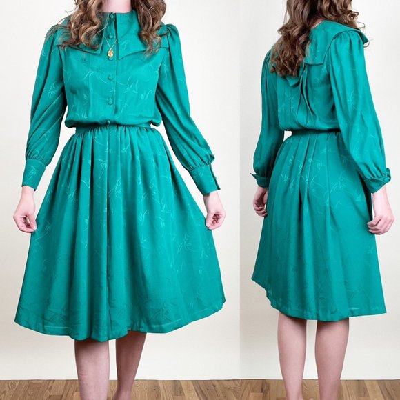Vintage Handmade Balloon Puff Long Sleeve Pleated Midi Dress Christmas Holiday - Picture 1 of 5